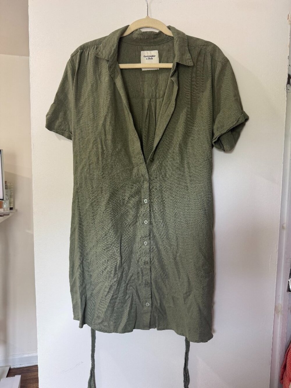 🌿 Abercrombie & Fitch Linen Blend Belted Shirt Dress Olive L